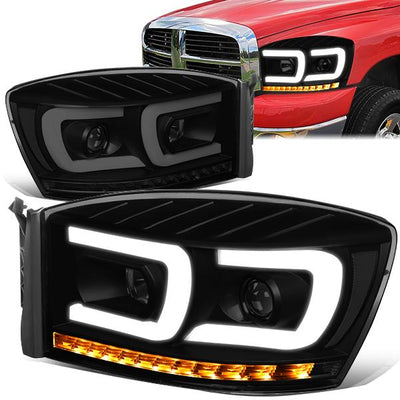 06-09 Ram Truck Dual LED DRL+Sequential Signal Headlights - Smoked Lens - Clear Corner - Pair - HL-HPL-RM06-G2-BK-SM-CL1 - 1