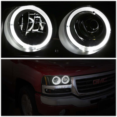 D-Motoring - Headlights - LED Halo Rings - Black Housing - Amber Corner - Projector - Plug-n-Play - Pair - GMC Sierra 1500(HD) / 2500(HD) / 3500(HD) / Sierra C3 / Yukon - 3