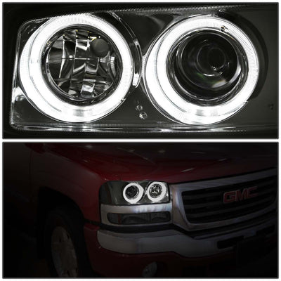 D-Motoring - Headlights - LED Halo Rings - Chrome Housing - Amber Corner - Projector - Plug-n-Play - Pair - GMC Sierra 1500(HD) / 2500(HD) / 3500(HD) / Sierra C3 / Yukon - 3