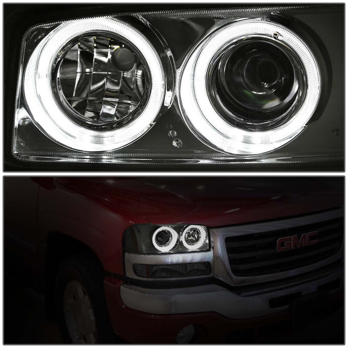D-Motoring - Headlights - LED Halo Rings - Chrome Housing - Amber Corner - Projector - Plug-n-Play - Pair - GMC Sierra 1500(HD) / 2500(HD) / 3500(HD) / Sierra C3 / Yukon - 3
