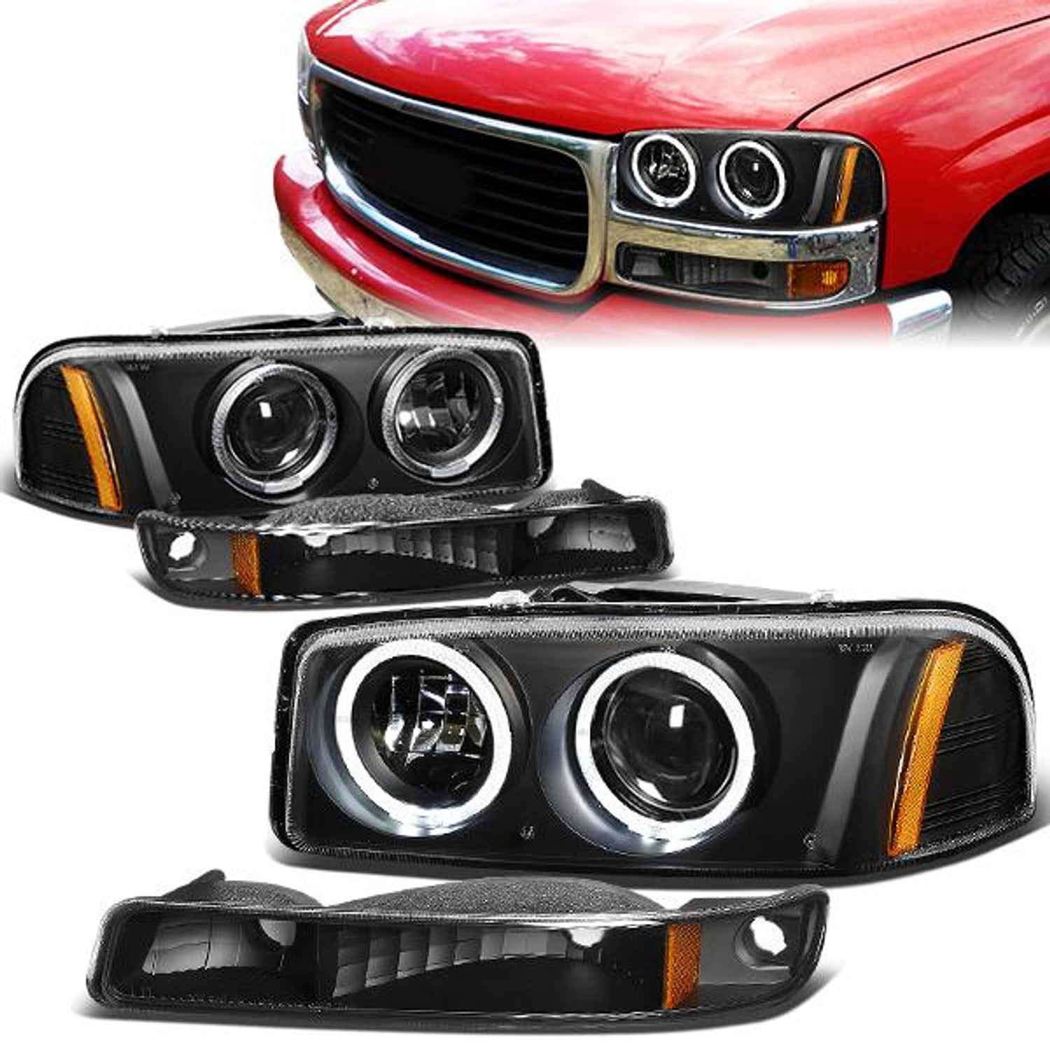 99-07 GMC Sierra 1500 2500 3500 Sierra Yukon Headlights - LED Halo Rings - Black Housing - Amber Corner - Projector - Plug-n-Play - Pair