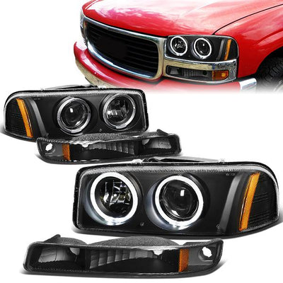 99-07 GMC Sierra 1500 2500 3500 Sierra Yukon Headlights - LED Halo Rings - Black Housing - Amber Corner - Projector - Plug-n-Play - Pair