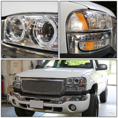 D-Motoring - Headlights - LED Halo Rings - Chrome Housing - Amber Corner - Projector - Plug-n-Play - Pair - GMC Sierra 1500(HD) / 2500(HD) / 3500(HD) / Sierra C3 / Yukon - 7