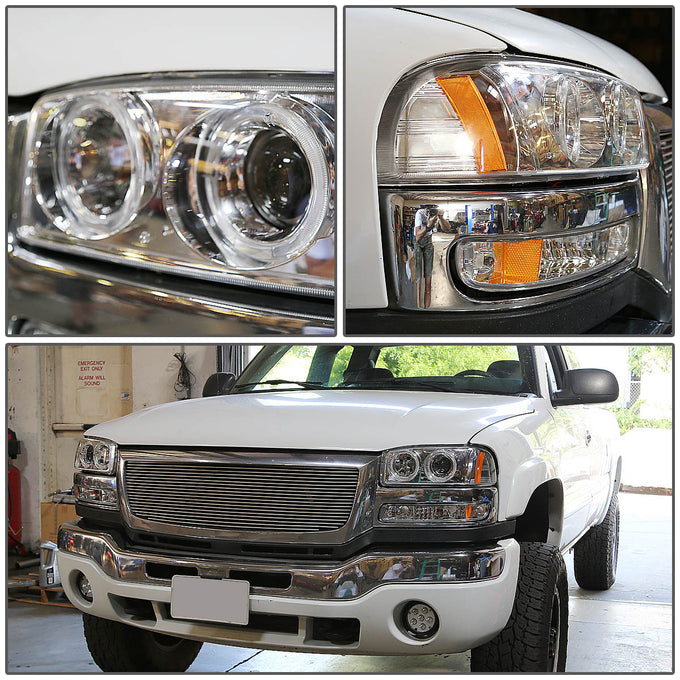 D-Motoring - Headlights - LED Halo Rings - Chrome Housing - Amber Corner - Projector - Plug-n-Play - Pair - GMC Sierra 1500(HD) / 2500(HD) / 3500(HD) / Sierra C3 / Yukon - 7