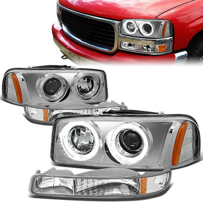 99-07 Sierra 1500 2500 3500 Yukon Headlights - LED Halo Ring - Chrome Housing - Amber Corner - Projector - Pair
