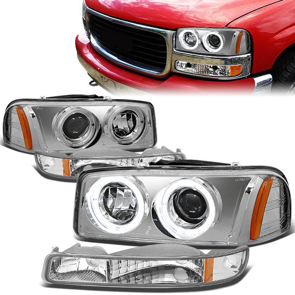 99-07 Sierra 1500 2500 3500 Yukon Headlights - LED Halo Ring - Chrome Housing - Amber Corner - Projector - Pair