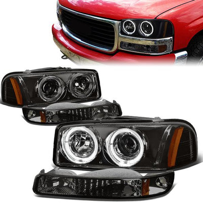 99-06 Sierra Yukon Headlights - Smoked Housing - Amber Corner - Projector - Plug-n-Play - Pair