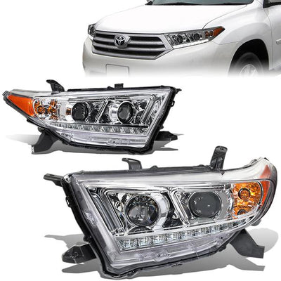 11-13 Toyota Highlander Headlights - LED DRL - Chrome Housing - Amber Corner - Projector - Plug-n-Play - Pair