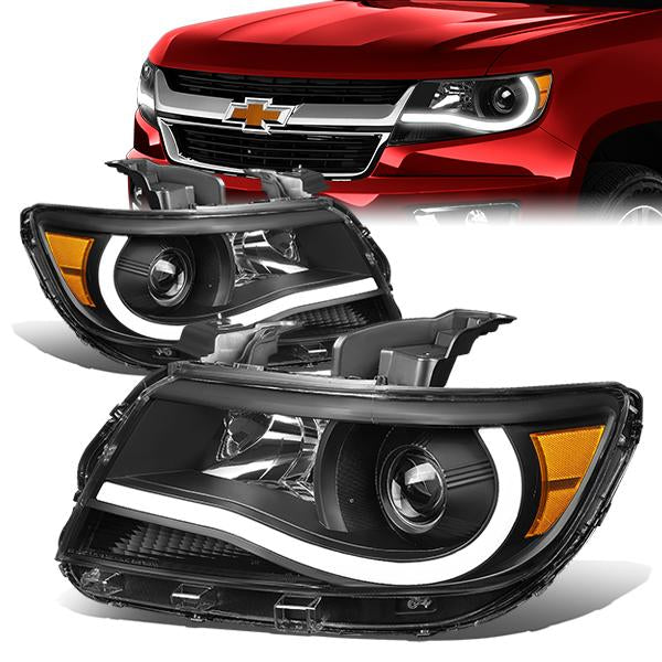 15-17 Chevy Colorado Headlights - LED DRL U-Strip - Black Housing - Clear Lens - Amber Corner - Projector - Plug-n-Play - Pair
