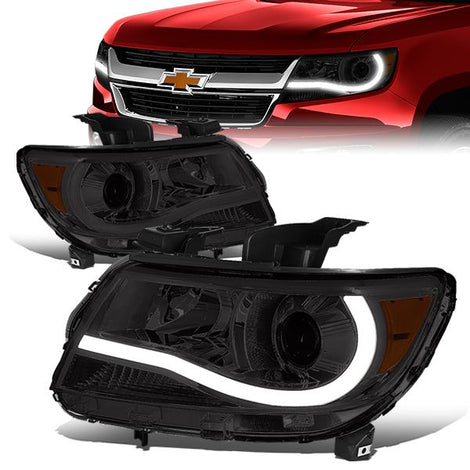 15-17 Chevy Colorado Headlights - LED DRL U-Strip - Smoked Housing - Smoked Lens - Amber Corner - Projector - Plug-n-Play - Pair