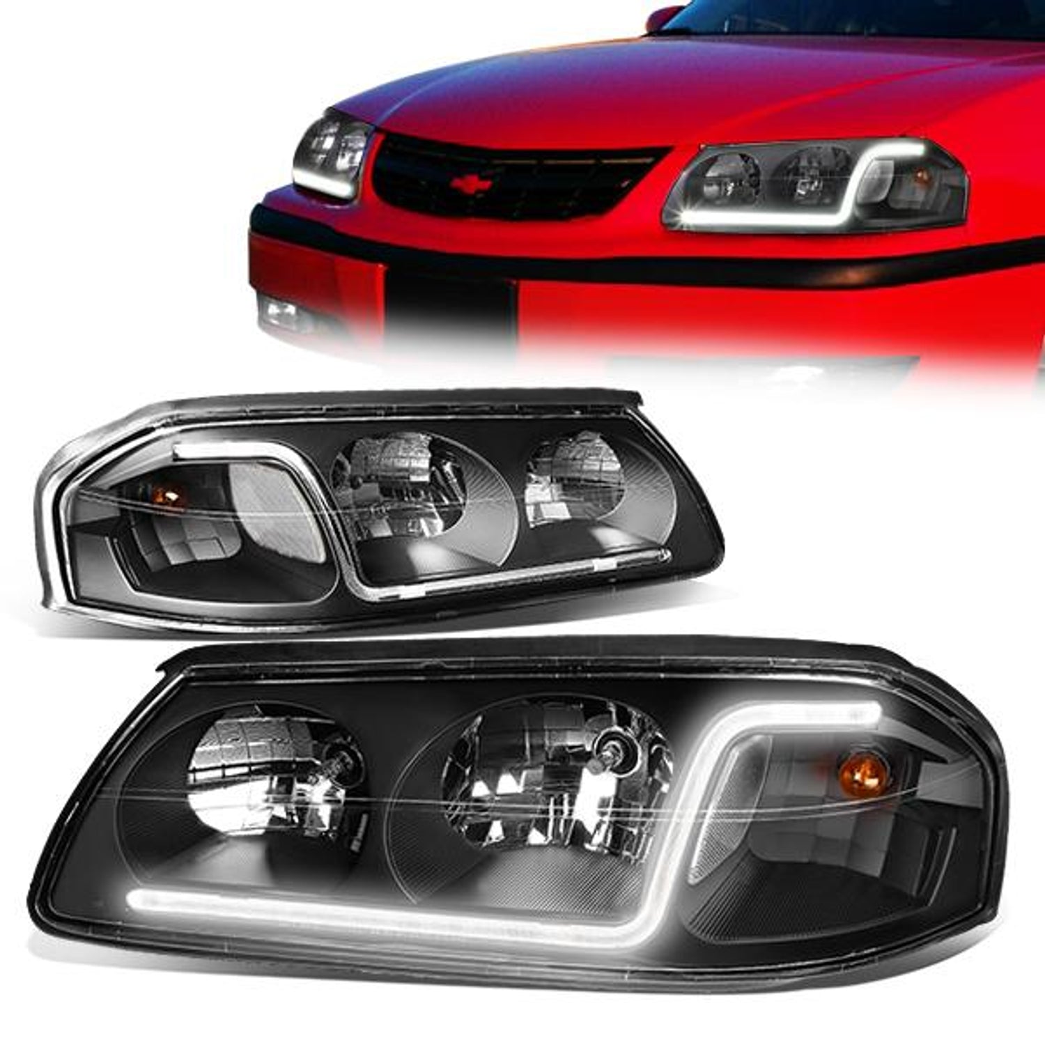 00-05 Chevy Chevrolet Impala Headlights - LED DRL - Black Housing - Clear Corner - Plug-n-Play - Pair