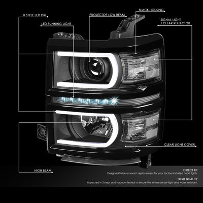 D-Motoring - Headlights - LED DRL+U Halo - Black Housing - Clear Lens - Clear Corner - Plug-n-Play - Pair - 14-15 Chevrolet Silverado 1500 - 2