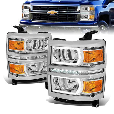14-15 Chevrolet Silverado 1500 Headlights - LED DRL+Light Tube - Clear Lens - Amber Corner - Plug-n-Play - Pair