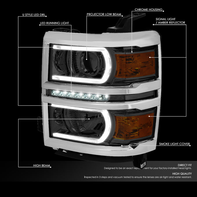 D-Motoring - Headlights - LED DRL+U Halo - Smoked Lens - Amber Corner - Plug-n-Play - Pair - 14-15 Chevrolet Silverado 1500 - 2