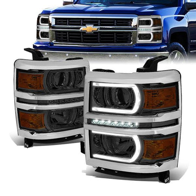 14-15 Chevrolet Silverado 1500 Headlights - LED DRL+Light Tube - Smoked Lens - Amber Corner - Plug-n-Play - Pair