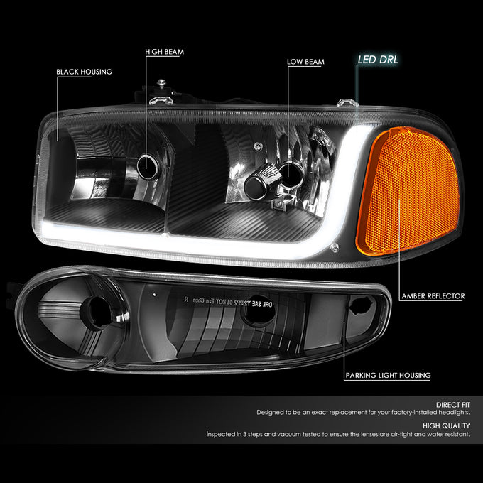 D-Motoring - Headlights - LED DRL - Black Housing - Amber Corner - Plug-n-Play - Pair - GMC SIERRA C3 / 1500 DENALI / CLASSIC / GMC YUKON DENALI / XL 1500 DENALI - 2