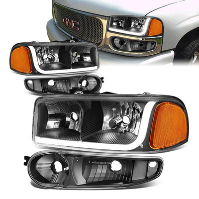 01-07 GMC Sierra 1500 Yukon Denali Headlights - LED DRL - Black Housing - Amber Corner - Plug-n-Play - Pair