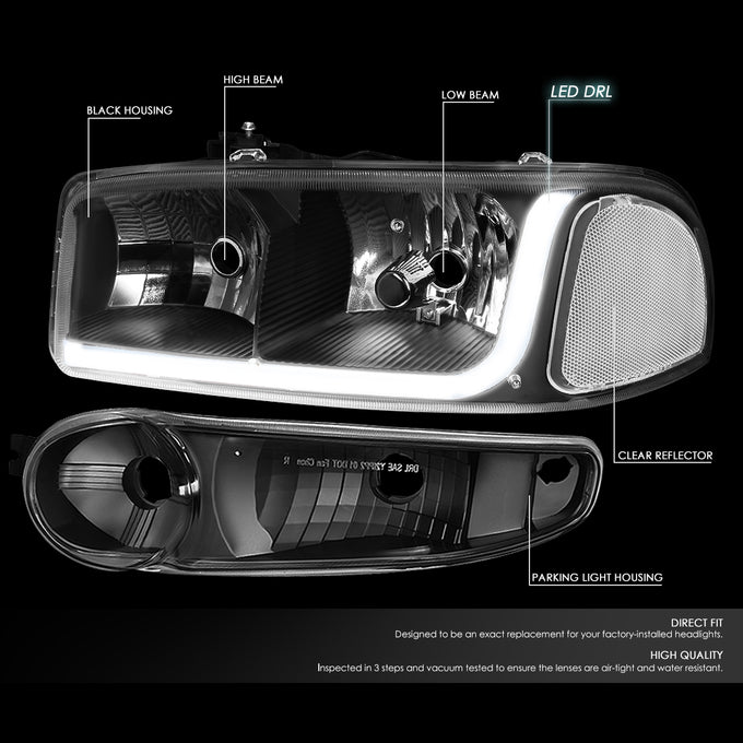 D-Motoring - Headlights - LED DRL - Black Housing - Clear Corner - Plug-n-Play - Pair - GMC SIERRA C3 / 1500 DENALI / CLASSIC / GMC YUKON DENALI / XL 1500 DENALI - 2