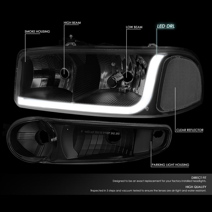 D-Motoring - Headlights - LED DRL - Black Housing - Smoked Lens - Clear Corner - Plug-n-Play - Pair - GMC SIERRA C3 / 1500 DENALI / CLASSIC / GMC YUKON DENALI / XL 1500 DENALI - 2
