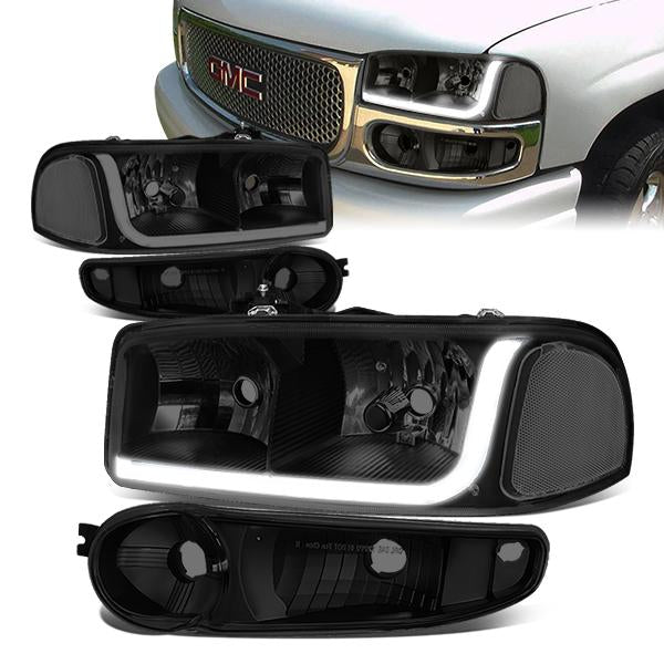 01-07 GMC Sierra 1500 Yukon Denali Headlights - LED DRL - Black Housing - Smoked Lens - Clear Corner - Plug-n-Play - Pair