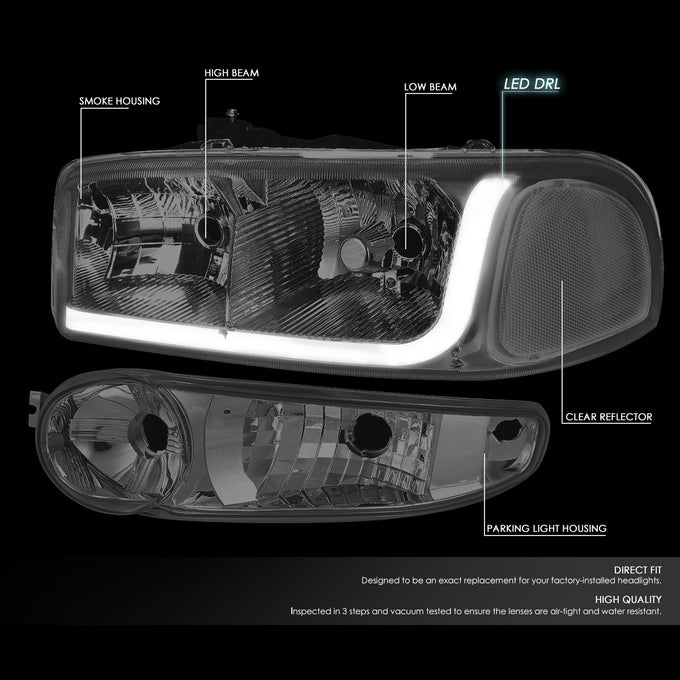D-Motoring - Headlights - LED DRL - Smoked Lens - Clear Corner - Plug-n-Play - Pair - GMC SIERRA C3 / 1500 DENALI / CLASSIC / GMC YUKON DENALI / XL 1500 DENALI - 2