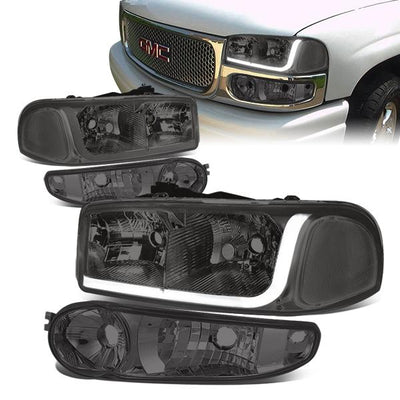 01-07 GMC Sierra 1500 Yukon Denali Headlights - LED DRL - Smoked Housing - Smoked Lens - Clear Corner - Plug-n-Play - Pair