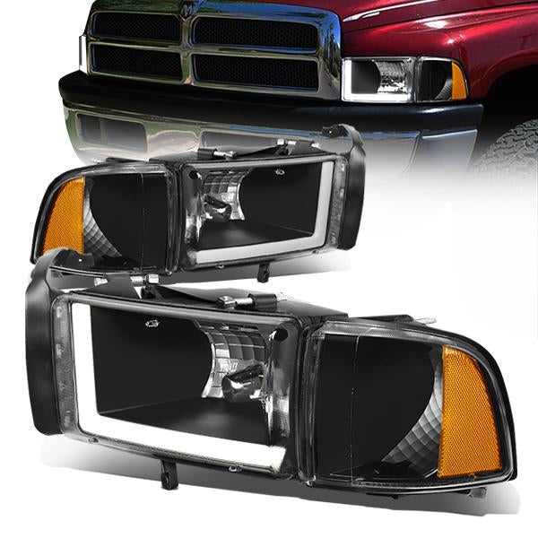 94-02 Dodge Ram 1500 2500 3500 Headlights - LED DRL - Black Housing - Clear Lens - Amber Corner - Plug-n-Play - Pair