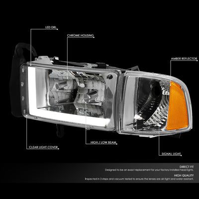 D-Motoring - Headlights - LED DRL - Chrome Housing - Clear Lens - Amber Corner - Plug-n-Play - Pair - Dodge Ram 1500 / 2500 / 3500 - 2