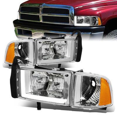94-02 Dodge Ram 1500 2500 3500 Headlights - LED DRL - Chrome Housing - Clear Lens - Amber Corner - Plug-n-Play - Pair