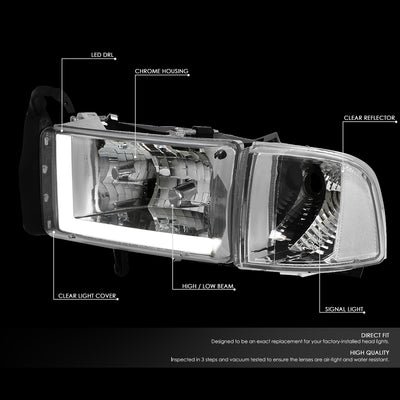 D-Motoring - Headlights - LED DRL - Chrome Housing - Clear Lens - Clear Corner - Plug-n-Play - Pair - Dodge Ram 1500 / 2500 / 3500 - 2
