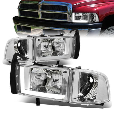 94-02 Dodge Ram 1500 2500 3500 Headlights - LED DRL - Chrome Housing - Clear Lens - Clear Corner - Plug-n-Play - Pair