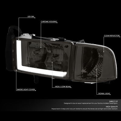 D-Motoring - Headlights - LED DRL - Smoked Lens - Clear Corner - Plug-n-Play - Pair - 94-01 Dodge Ram 1500 / 2500 / 3500 - 2