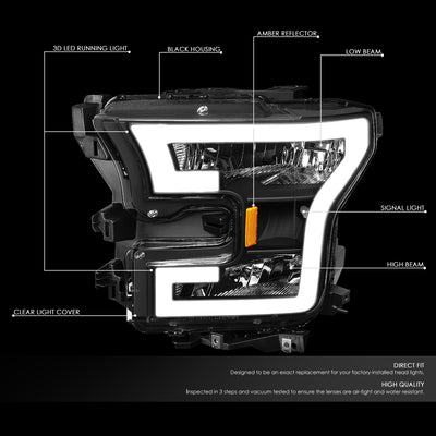 D-Motoring - Headlights - LED DRL Tube - Black Housing - Clear Lens - Amber Corner - Plug-n-Play - Pair - 15-17 Ford F-150 - 2