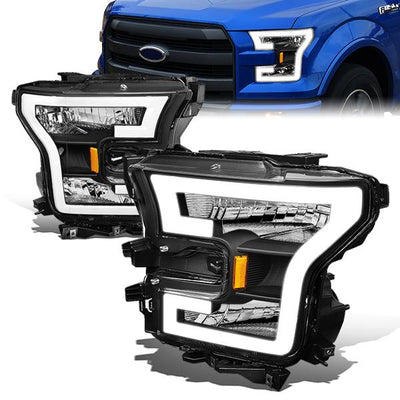 15-17 Ford F-150 Headlights - LED DRL Tube - Clear Lens - Amber Corner - Plug-n-Play - Pair