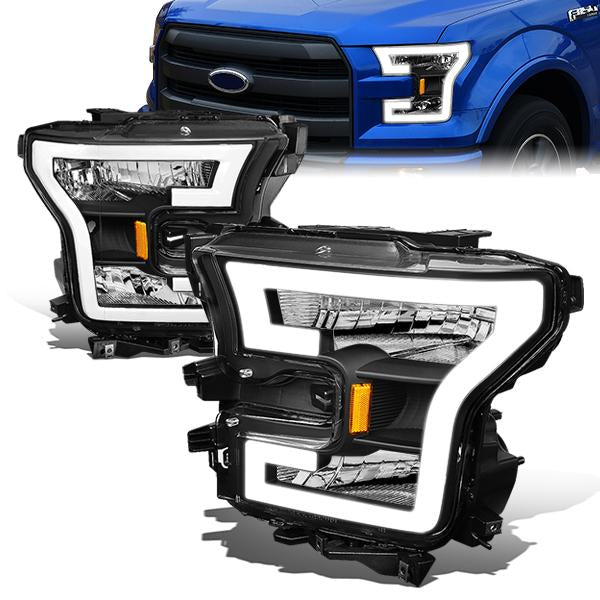 15-17 Ford F-150 Headlights - LED DRL Tube - Clear Lens - Amber Corner - Plug-n-Play - Pair