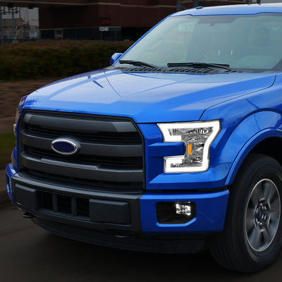 D-Motoring - Headlights - LED DRL Tube - Chrome Housing - Clear Lens - Amber Corner - Plug-n-Play - Pair - 15-17 Ford F-150 - 7