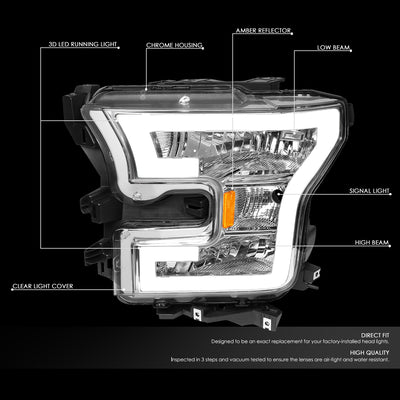 D-Motoring - Headlights - LED DRL Tube - Chrome Housing - Clear Lens - Amber Corner - Plug-n-Play - Pair - 15-17 Ford F-150 - 2