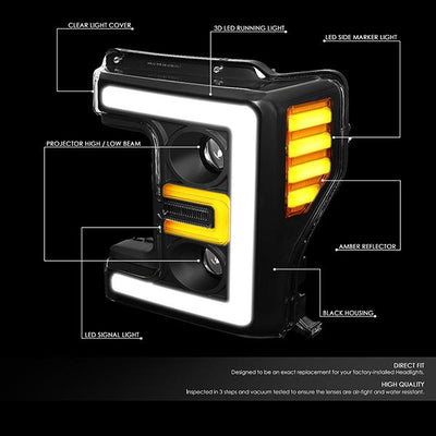 17-19 Ford F-250 F-350 F-450 F-550 Super Duty Headlights - 3D LED DRL - Clear Lens - Amber Corner - Projector - Pair - HL-LB-F25018-BK-AM - 2