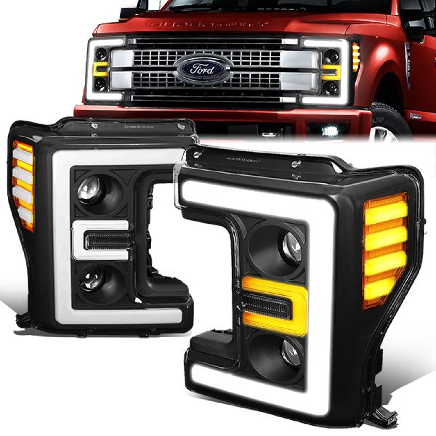 17-19 Ford F-250 F-350 F-450 F-550 Super Duty Headlights - 3D LED DRL - Clear Lens - Amber Corner - Projector - Pair - HL-LB-F25018-BK-AM - 1