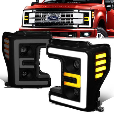 17-19 Ford F-250 F-350 F-450 F-550 Super Duty Headlights - 3D LED DRL - Smoked Lens - Amber Corner - Projector - Pair - HL-LB-F25018-BK-SM-AM - 1