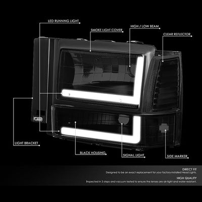 led-drl-bar-91-94-ford-explorer-headlights-bumper-corner-lamps-tinted-housing-hl-lb-fexp91-bk-sm-cl1 - 2