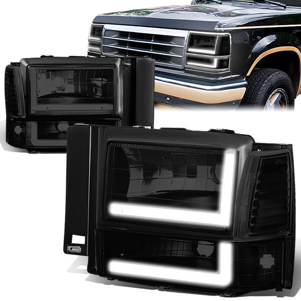 led-drl-bar-91-94-ford-explorer-headlights-bumper-corner-lamps-tinted-housing-hl-lb-fexp91-bk-sm-cl1 - 1