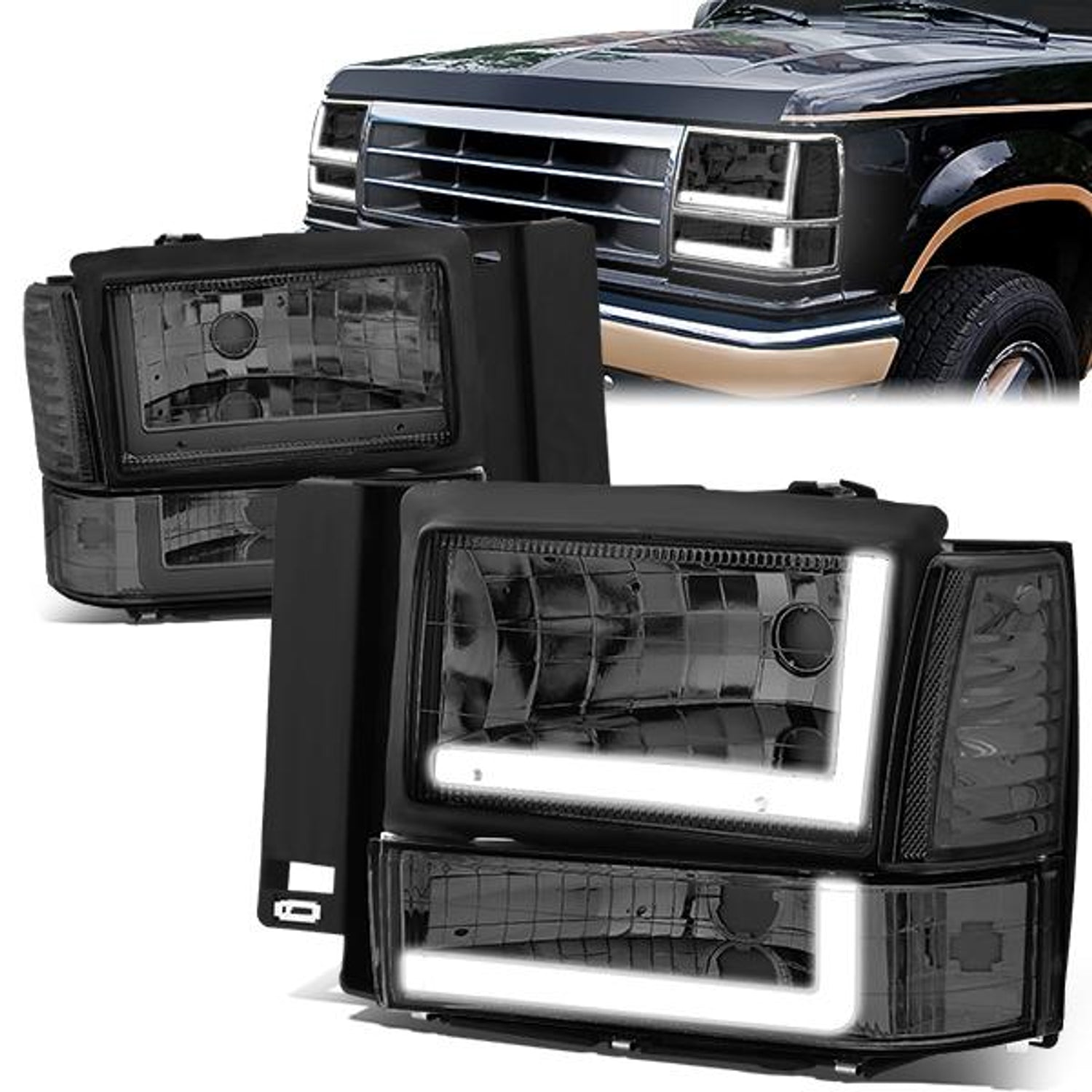 led-drl-bar-91-94-ford-explorer-headlights-bumper-corner-lamps-smoked-lens-hl-lb-fexp91-sm-cl1 - 1