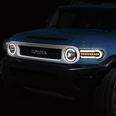 07-14 Toyota FJ Cruiser Headlights - LED DRL+Sequential Turn Signal - Clear Lens - Amber Corner - Pair - HL-LB-FJC07-BK-AM - 10