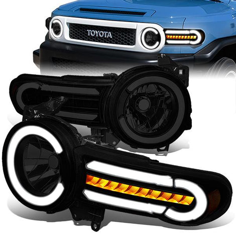 07-14 Toyota FJ Cruiser Headlights - LED DRL+Sequential Turn Signal - Smoked Lens - Amber Corner - Pair - HL-LB-FJC07-BK-SM-AM - 1