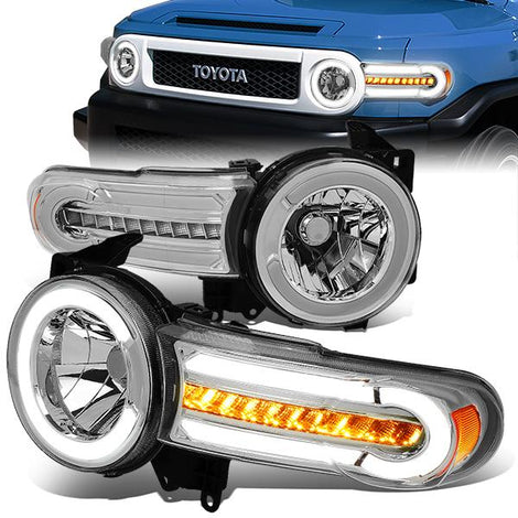 07-14 Toyota FJ Cruiser Headlights - LED DRL+Sequential Turn Signal - Clear Lens - Amber Corner - Pair - HL-LB-FJC07-CH-AM - 1