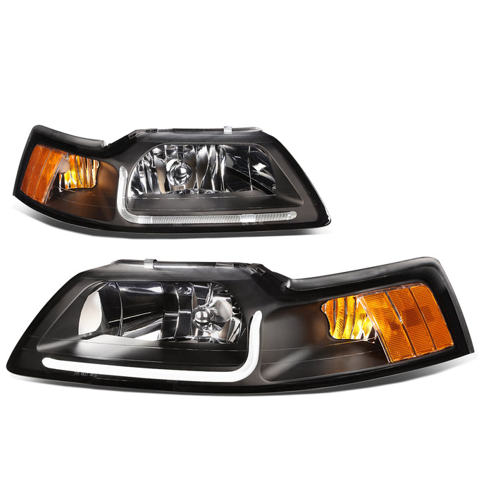 D-Motoring - Headlights - LED DRL - Black Housing - Amber Corner - Plug-n-Play - Pair - 99-04 Ford Mustang - 1