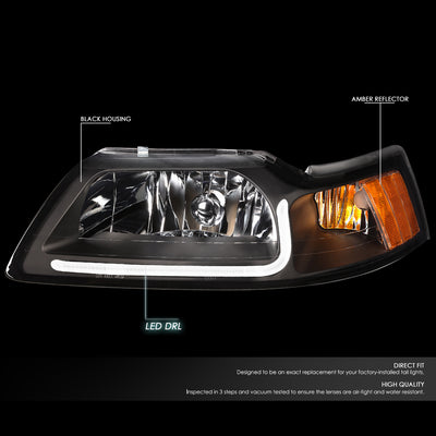 D-Motoring - Headlights - LED DRL - Black Housing - Amber Corner - Plug-n-Play - Pair - 99-04 Ford Mustang - 3