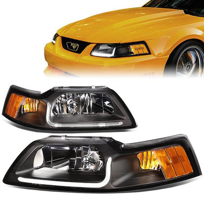 99-04 Ford Mustang Headlights - LED DRL - Black Housing - Amber Corner - Plug-n-Play - Pair