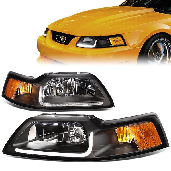 99-04 Ford Mustang Headlights - LED DRL - Black Housing - Amber Corner - Plug-n-Play - Pair